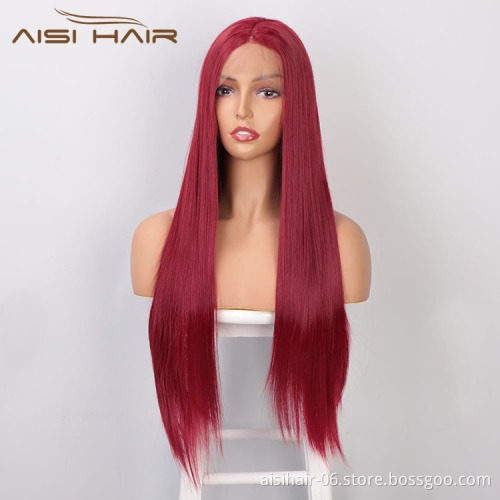 Aisi Hair New Design Long Silky Straight Red Color Wig Heat Swiss Lace Front Wig Middle Part Lace Frontal Wigs For Women